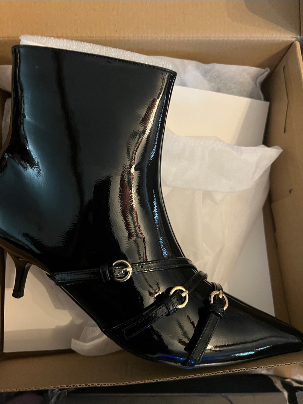 Coutgo Patent Black Pointed Toe Ankle Boots with Gold Hardware